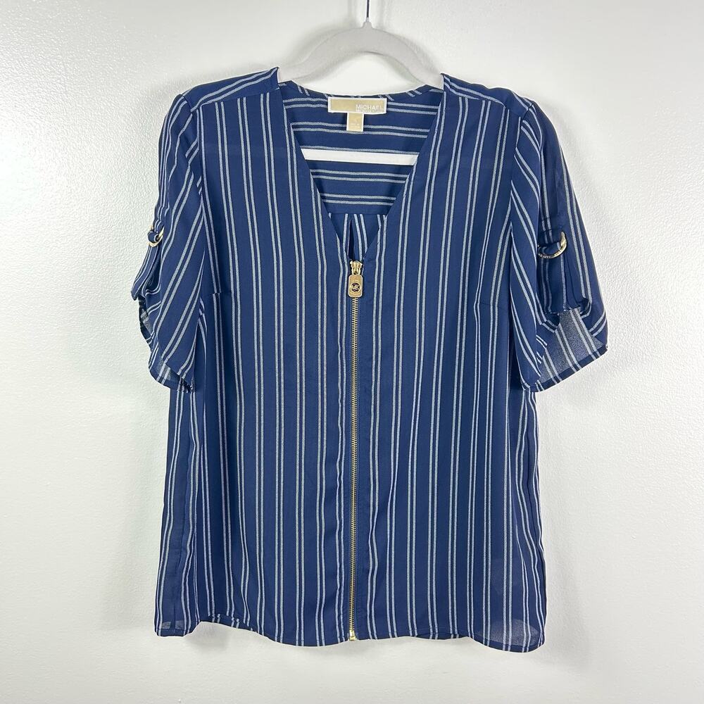 Michael Kors Navy Blue Stripe Chiffon Blouse MK Logo Size Small